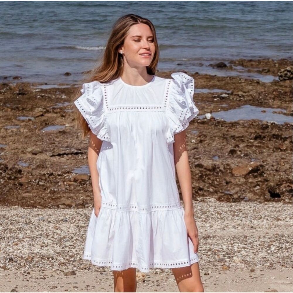 Scarlett Poppies Mini Dress Womens Small White Calm Down Ruffle Sleeve Eyelet